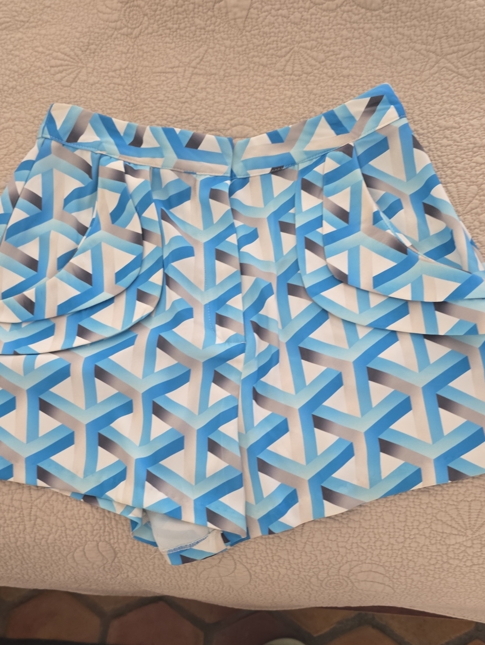cameo Blue & White Geometric High-Waist Shorts